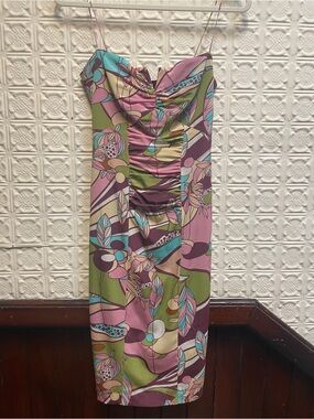 Y2K Nicole Miller Retro Floral Ruched Bodycon Dress in Pink, Olive & Teal